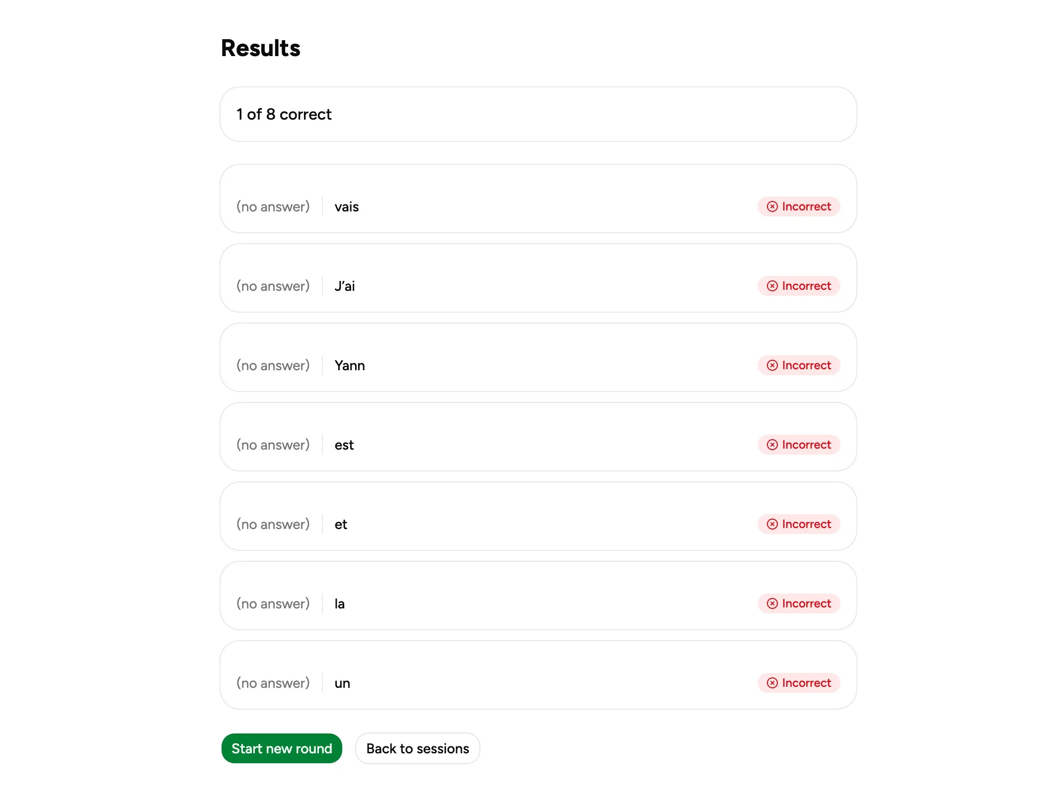 Screenshot: Blanko results screen (score + missed words)