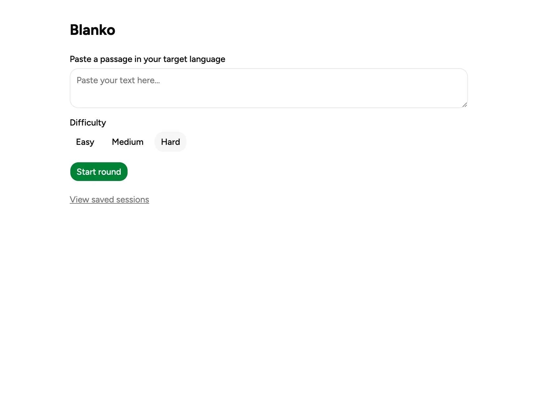 Screenshot: Blanko start screen (paste passage + difficulty)